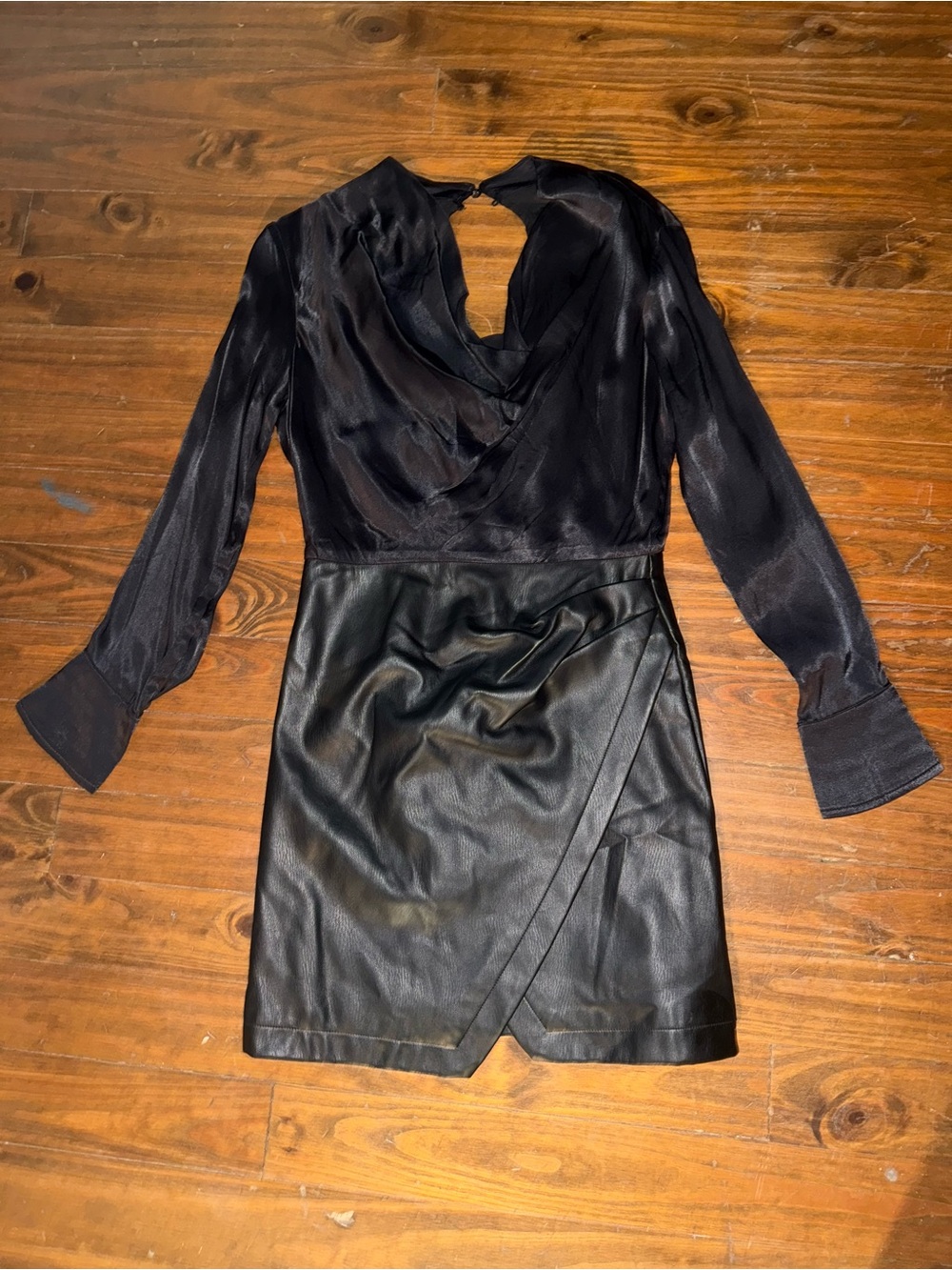 Anthropologie- Maeve- Black Vegan Leather Wrap Skirt Dress with Sheen Blouse